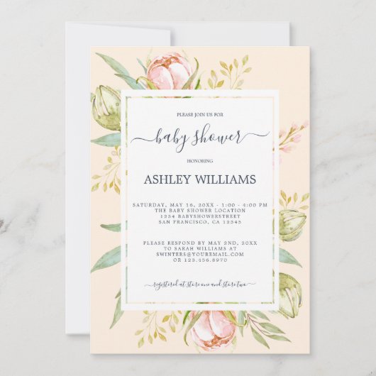 Invitation Floral rose pivoine Rustique Boho Blush Baby showe (Devant)