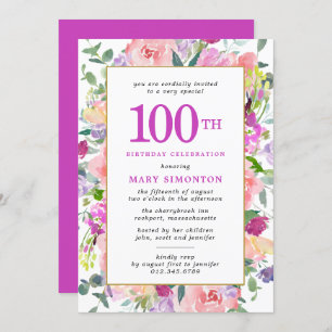 Invitation Floral rose pourpre 100e anniversaire