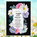 Invitation Floral rose pourpre 21e fête d'anniversaire<br><div class="desc">Invitation à la fête du 21e anniversaire aux rideaux noirs et vibrants,  avec fleurs roses et violettes,  marguerites blanches et verdure entourant le texte.</div>