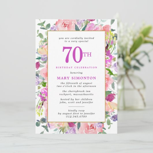 Invitation Floral rose pourpre 70e anniversaire (Debout devant)