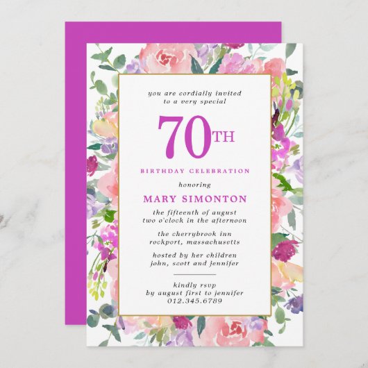 Invitation Floral rose pourpre 70e anniversaire (Devant / Derrière)