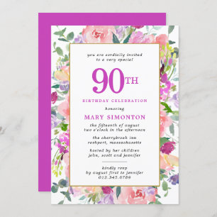 Invitation Floral rose pourpre 90e anniversaire
