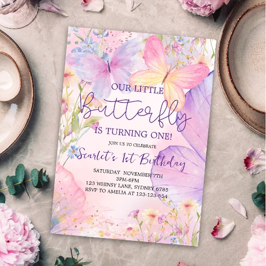 Invitation Floral rose pourpre Notre Petit Papillon Anniversa