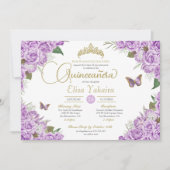 Invitation Floral Rose pourpre Tiara Butterfly Quinceanera (Devant)