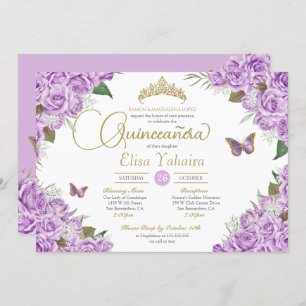 Invitation Floral Rose pourpre Tiara Butterfly Quinceanera