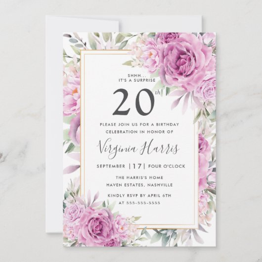 Invitation Floral Rose pourpre Vingt-vingtième anniversaire (Devant)