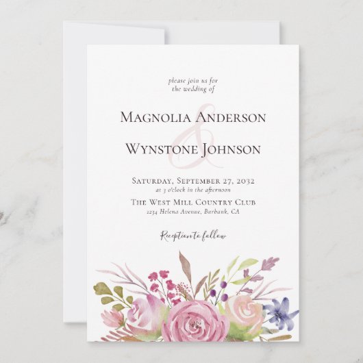 Invitation Floral rose poussiéreux en un seul Mariage (Devant)