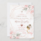 Invitation Floral rose Première Sainte Communion Mignonne Fil (Devant)