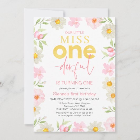 Invitation Floral rose printemps Miss Onederday 1er anniversa (Devant)