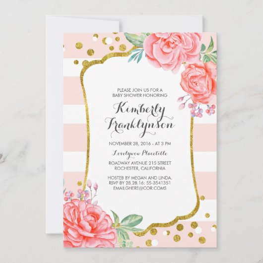 Invitation Floral rose rayures Gold Confetti Baby shower (Devant)