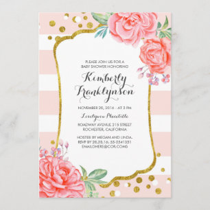 Invitation Floral rose rayures Gold Confetti Baby shower