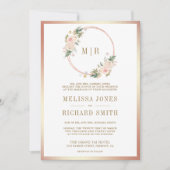 Invitation Floral rose rose en or tout en un Mariage (Devant)