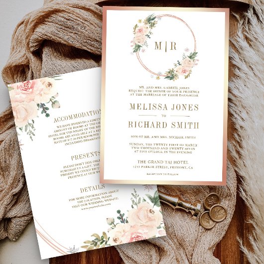 Invitation Floral rose rose en or tout en un Mariage