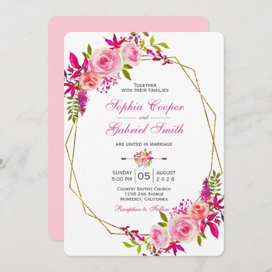 Invitation Floral Rose rose Fuchsia | Mariage Gold Frame (Devant / Derrière)