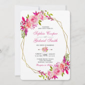 Invitation Floral Rose rose Fuchsia | Mariage Gold Frame (Devant)
