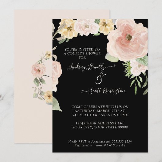 Invitation Floral Rose rose Jaune Aquarelle Couples Douche (Devant / Derrière)