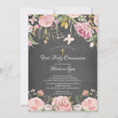 Invitation Floral rose rose moderne Première communion sainte (Devant)