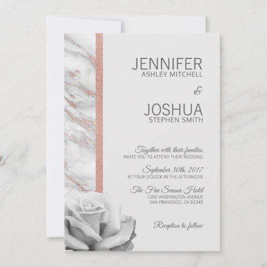 Invitation Floral rose rose or huile marbre gris Mariage (Devant)