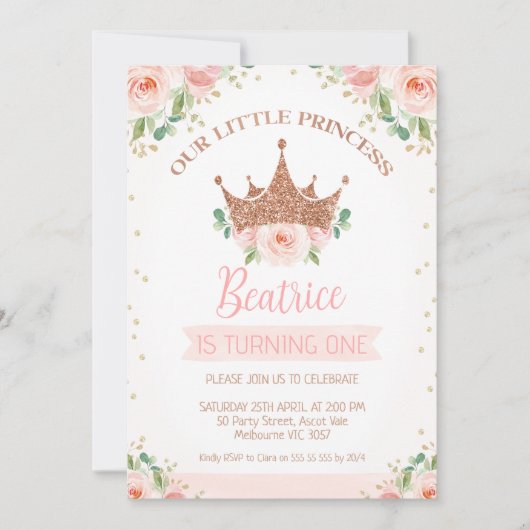 Invitation Floral rose Rose Princesse Couronne 1er anniversai (Devant)
