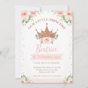 Invitation Floral rose Rose Princesse Couronne 1er anniversai