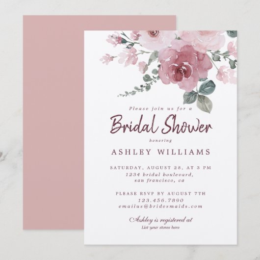 Invitation Floral Rose rose rose Fête des mariées Bourgogne (Devant / Derrière)