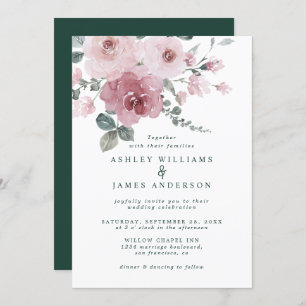 Invitation Floral rose rose rose foncé Mariage vert foncé