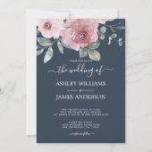 Invitation Floral rose rose rose Mariage bleu foncé (Devant)