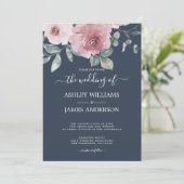 Invitation Floral rose rose rose Mariage bleu foncé (Debout devant)