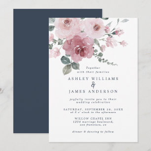Invitation Floral rose rose rose Mariage bleu foncé