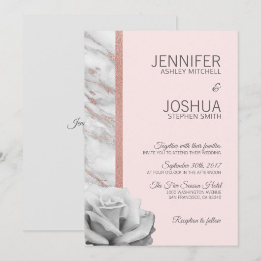 Invitation Floral rose rose rose or Mariage gris huile (Devant / Derrière)