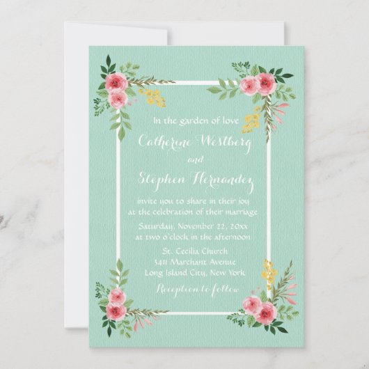 Invitation Floral rose Roses Aquarelle Mint Vert Mariage (Devant)