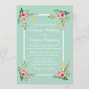Invitation Floral rose Roses Aquarelle Mint Vert Mariage