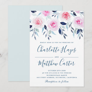Invitation Floral rose Roses Bleu Feuille Aquarelle Mariage