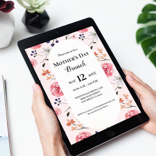 Invitation Floral Rose Roses Peonies Fête des mères brunch