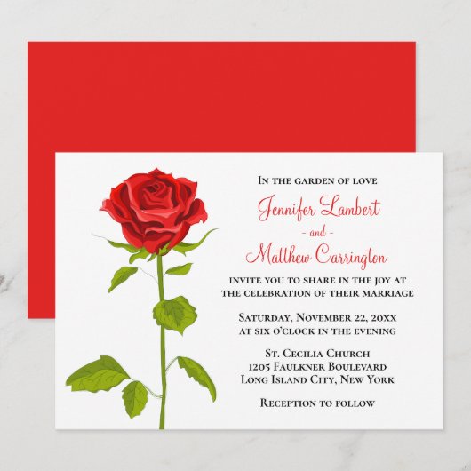 Invitation Floral Rose rouge Mariage Romantique Élégante Fleu (Devant / Derrière)
