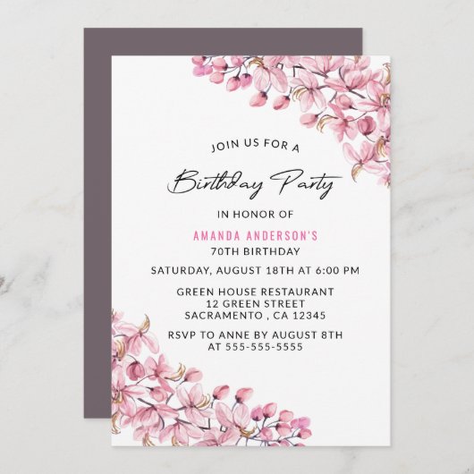 Invitation Floral rose simple et élégant 70e anniversaire (Devant / Derrière)