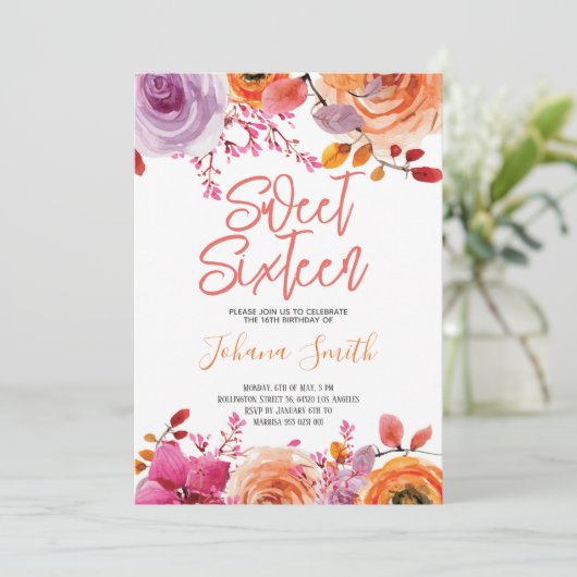Invitation Floral rose Sweet sixteen orange (Debout devant)