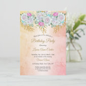 Invitation Floral rose Turquoise bleu or fête d'anniversaire (Debout devant)