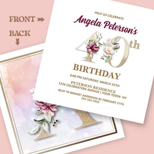 Invitation Floral rose Un 40e anniversaire