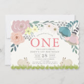 Invitation Floral rose Un Lapin Fille 1er Anniversaire (Devant)