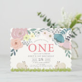 Invitation Floral rose Un Lapin Fille 1er Anniversaire (Debout devant)