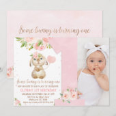 Invitation Floral rose Un lapin Numéro 1er Anniversaire (Devant / Derrière)