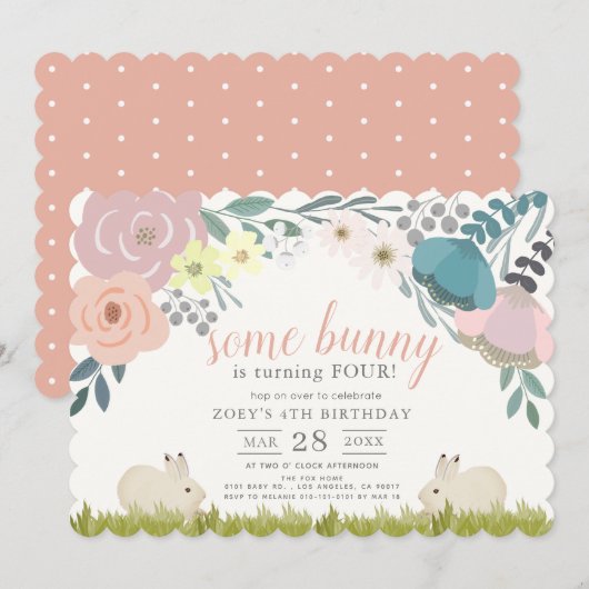 Invitation Floral Rose Un Petit Lapin Fille Anniversaire (Devant / Derrière)