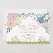 Invitation Floral Rose Un Petit Lapin Fille Anniversaire (Devant)