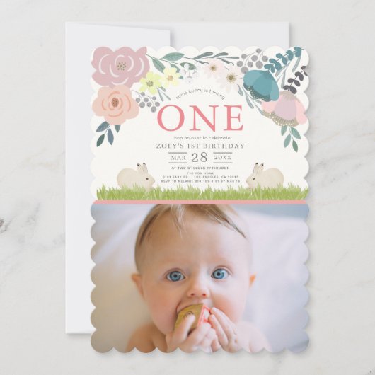 Invitation Floral rose Une fille lapin 1er anniversaire Photo (Devant)
