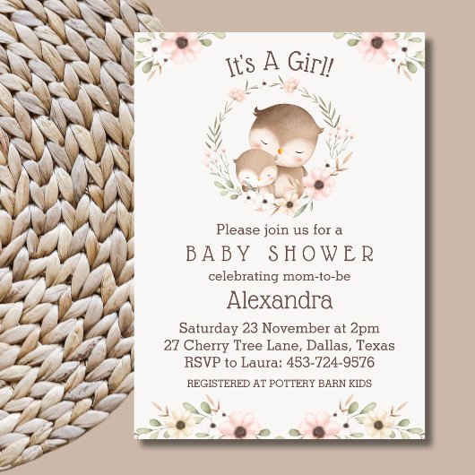 Invitation Floral rose vif C'est un Baby shower de chouette