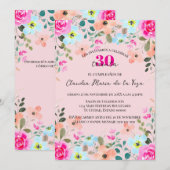 Invitation Floral rose vif espagnol 30ème anniversaire (Devant / Derrière)