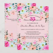 Invitation Floral rose vif espagnol 35ème anniversaire (Devant / Derrière)