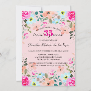 Invitation Floral rose vif espagnol 35ème anniversaire