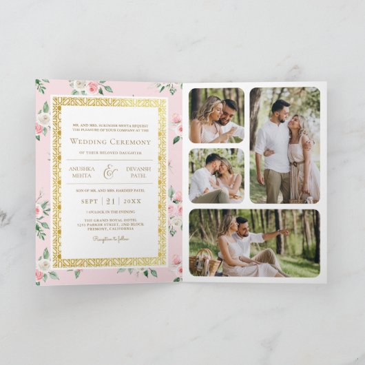 Invitation Floral rose vif tout en un Mariage indien d'or (Intérieur)